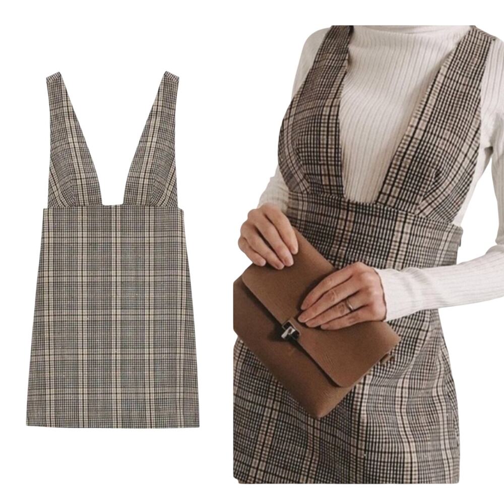 Zara Glen Plaid Pinafore Mini Dress Deep V Neck Metallic Thread Tan Beige Small